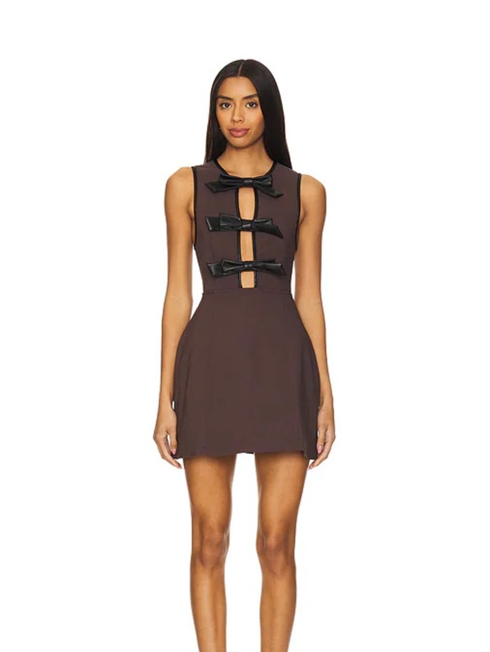 WeWoreWhat Vegan Leather Piped Peplum Mini Dress in brown and black